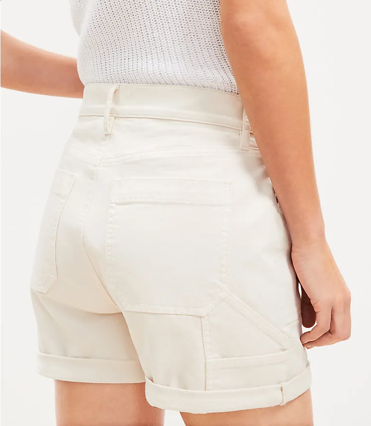 High Rise Carpenter Denim Roll Shorts in Popcorn