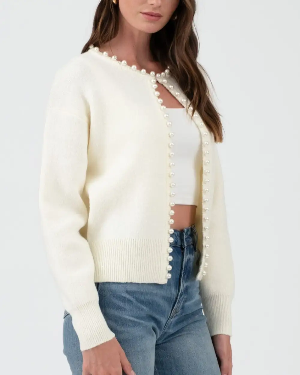 Pearl Trim Knit Cardigan - Cream