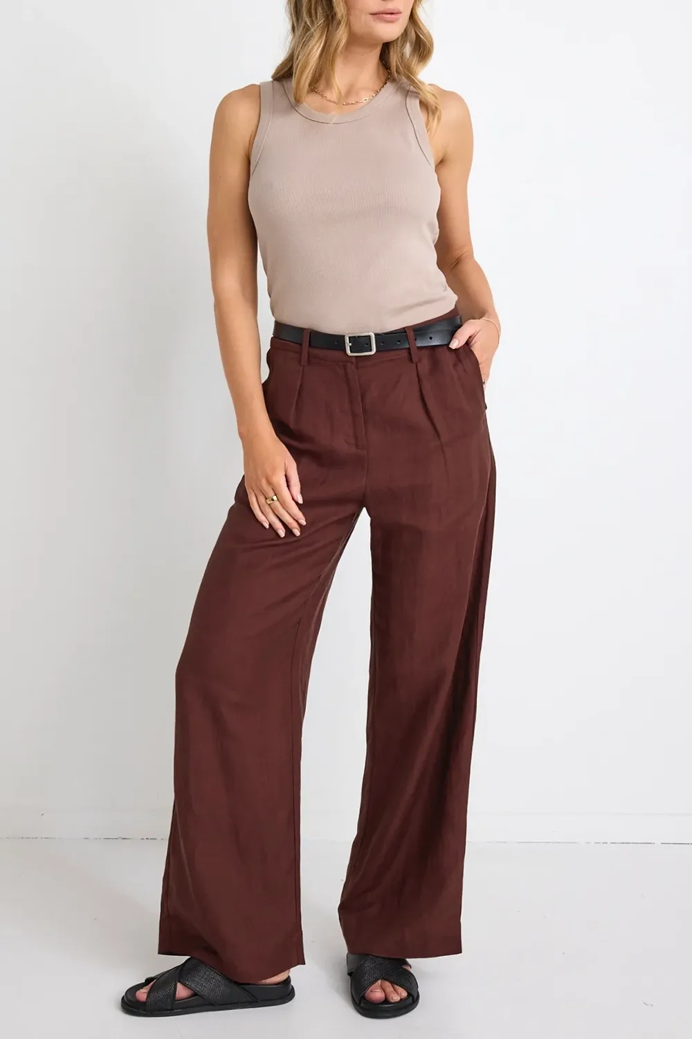 Island Chocolate Linen Pleat Front Wide Leg Pant