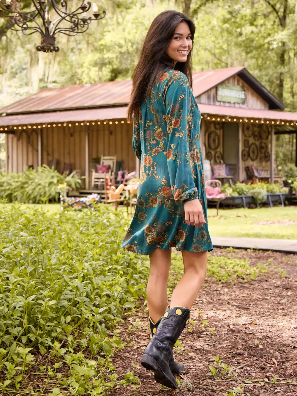 Ansley Woven Tunic Shirt Dress - Teal Orange Clusters