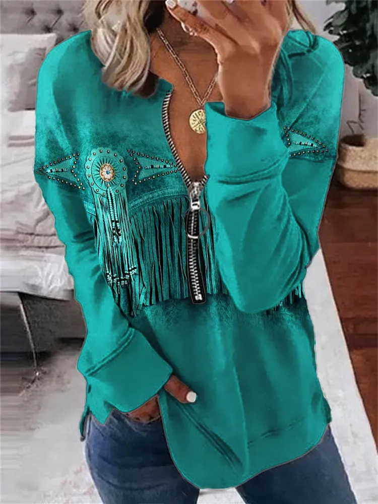 Western Turquoise Leather Art Zip Up Sweatshirt