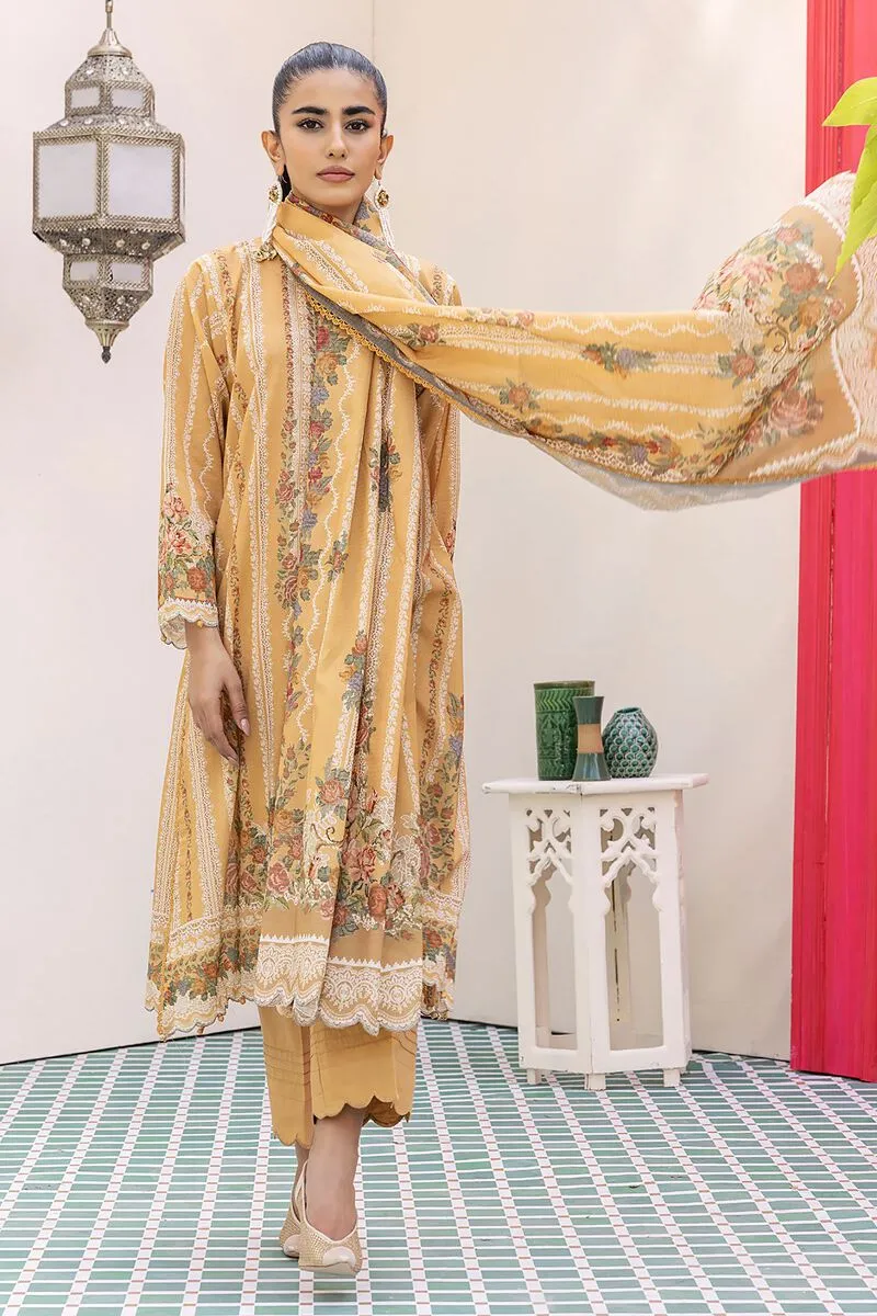 3 Piece Kurta Embroidered | Dupatta& Bottom & Tops | Color ginger yellow