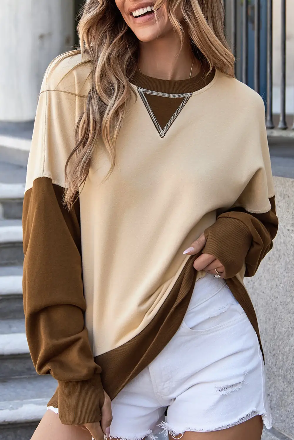 Apricot Color Block Thumbhole Sleeve Drop Shoulder Sweatshirt