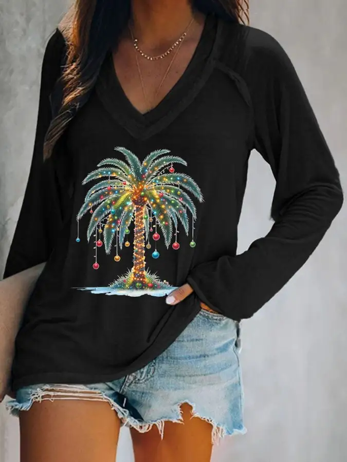 Women's Christmas Palm Tree Print V-Neck Casual T-Shirt