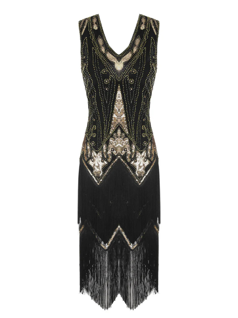 BLACK 1920S ONE-SHOULDER CAPED SEQUINED DRESS