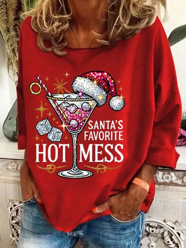 Women's Christmas Santa's Favorite Hot Mess Printed Casual Sweatshirt