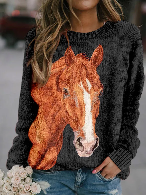 Horse Embroidery Art Crew Neck Comfy Knit Sweater