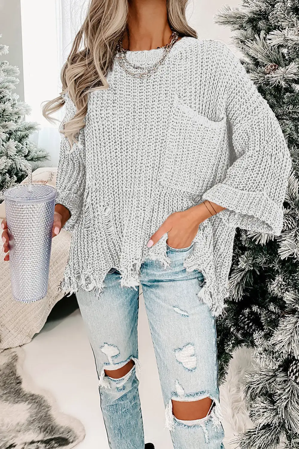 Ripped Raw Hem Chunky Pullover Sweater