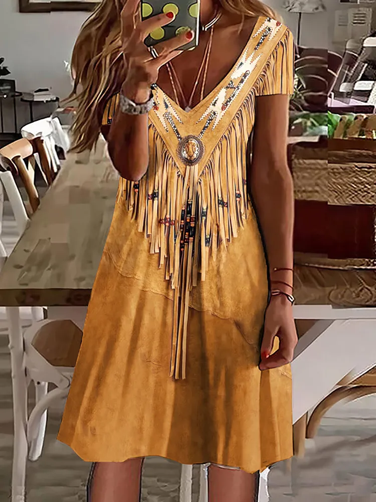 Women's Vintage Tassels Art Casual Midi Dress