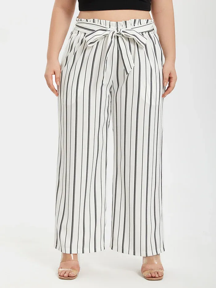 Stripe Wide Leg Belted Pants