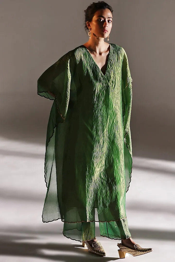 Emerald Green Silk Woven Embroidered Kaftan Set