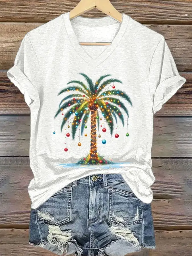 Women's Christmas Palm Tree Print T-Shirt