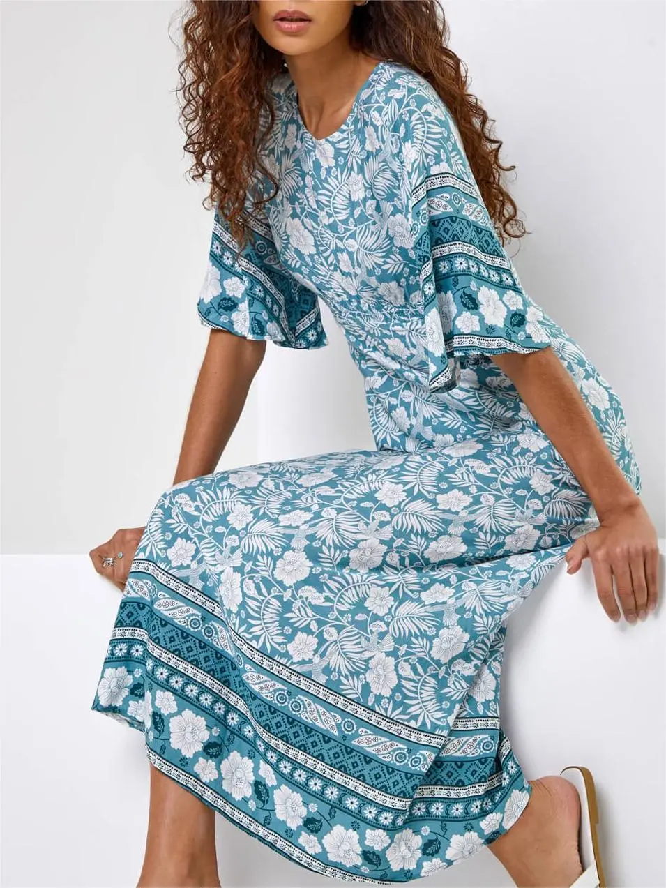 Light Blue Floral Border Print Midi Dress