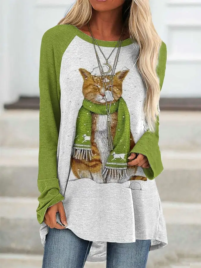 Women's Casual Christmas Cat Print Long Sleeve T-Shirt