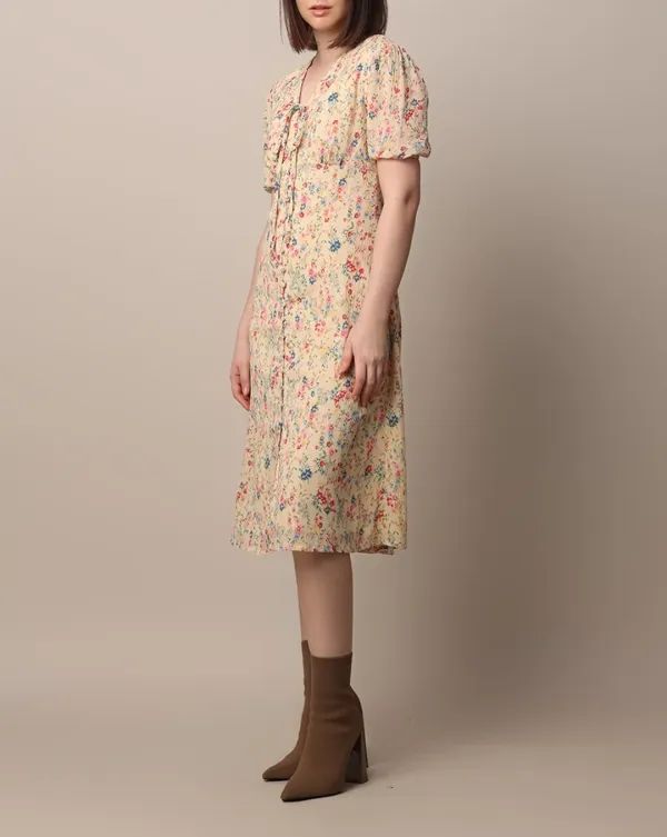 Beige Floral Midi Dress