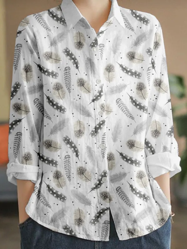 Western Feathers Pattern Linen Blend Cozy Blouse