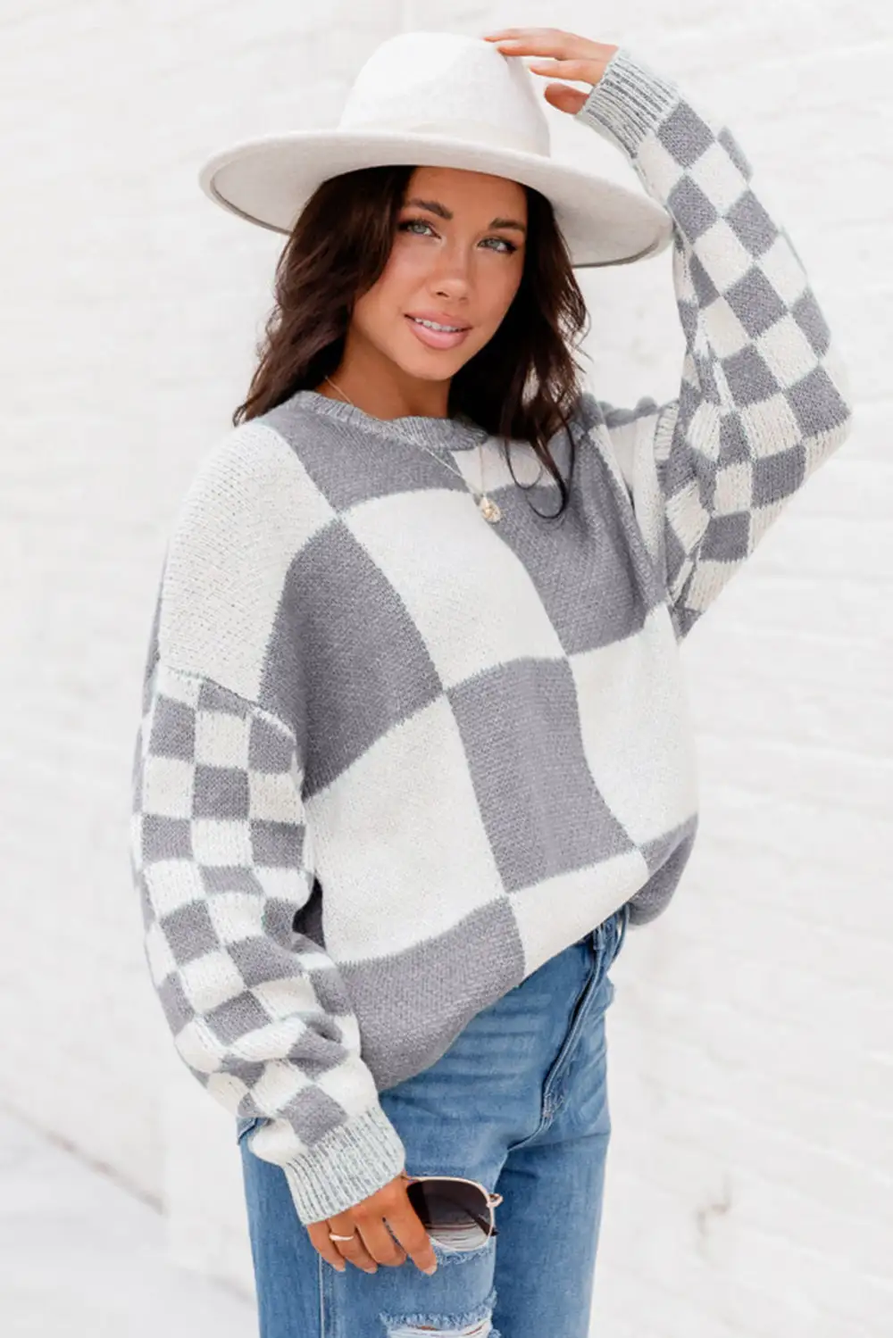 Checkered Print Drop Shoulder Sweater