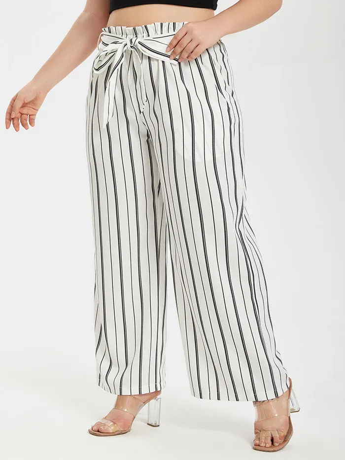 Stripe Wide Leg Belted Pants