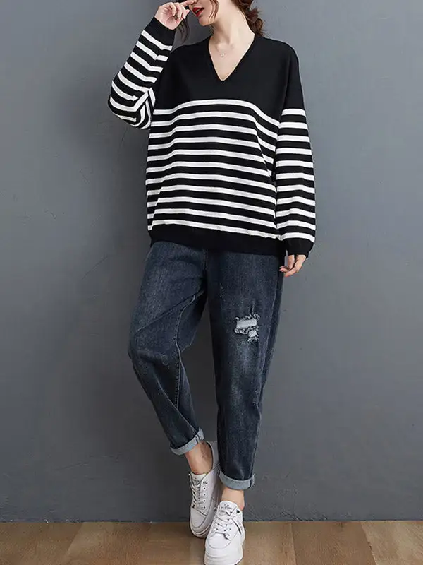 Artistic Retro Casual Loose Striped V-Neck Long Sleeves Knitted Sweater