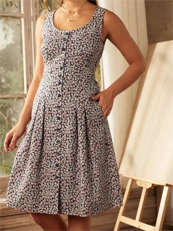 Floral Printed Button Down Sleeveless Dresses