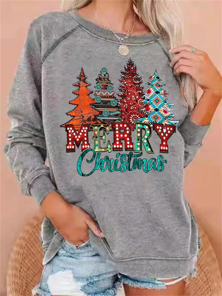 Western Merry Christmas Trees Print Sweatshirt