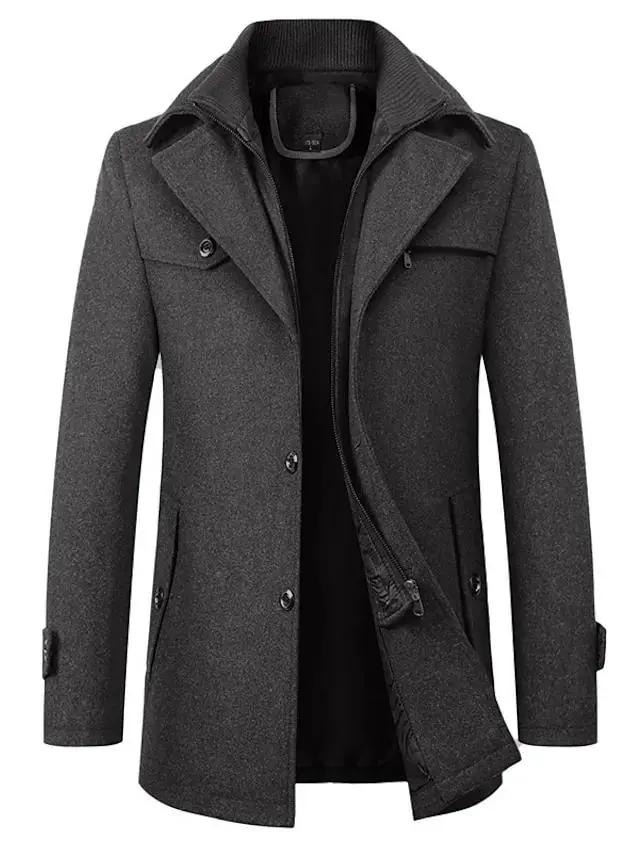 Men's Winter Coat Wool Coat Overcoat Business WorkWear Winter Wool Windproof Warm Outerwear Clothing Apparel Basic Essential Solid Colored Turndown