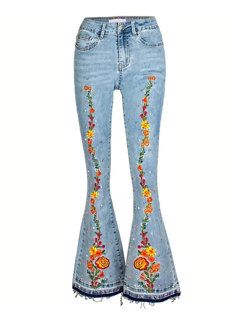 Denim embroidered bell bottoms