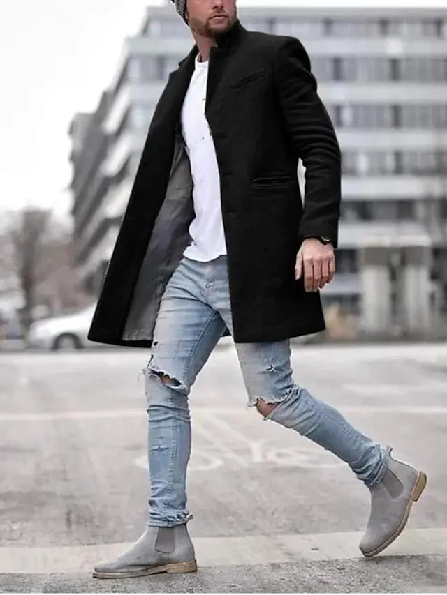 Men's Winter Coat Overcoat Trench Coat Short Coat Overcoat Work Business Winter Polyester Warm Outerwear Clothing Apparel Solid Colored Classic Style Notch lapel collar