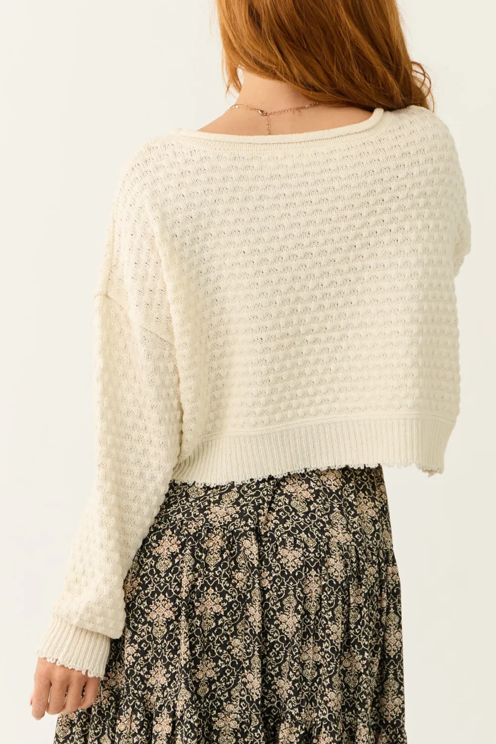 Cream Patterned Knit Mid Length Sweater