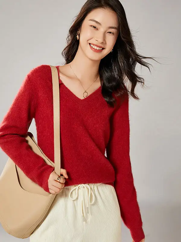 Simple 6 Colors V-Neck Long Sleeves Wool Knitting Sweater