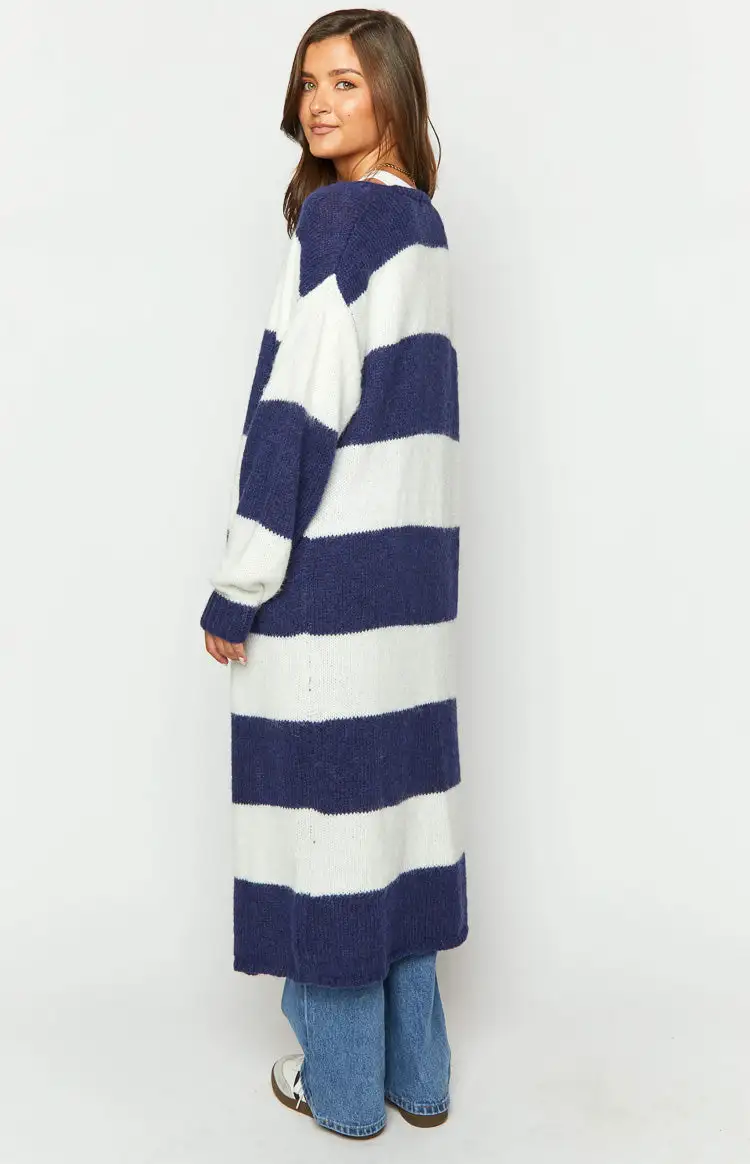 Thaddeus Blue And White Striped Knit Cardigan