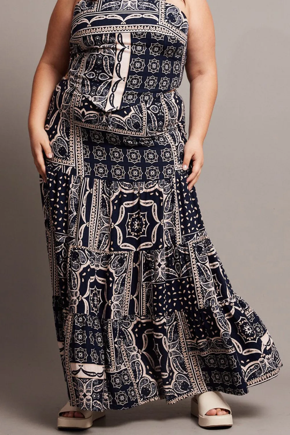 Blue Abstract Tiered Maxi Skirt