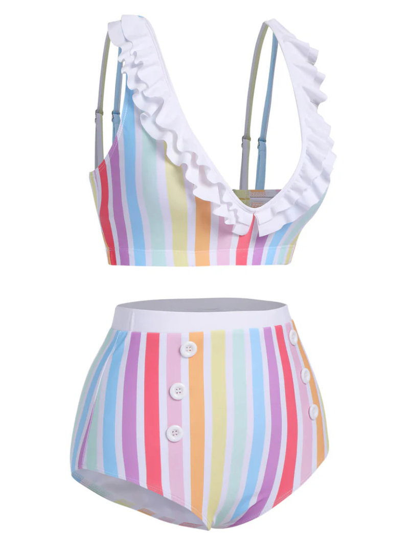 MULTICOLOR 1950S RAINBOW STRIPES SWIMSUIT