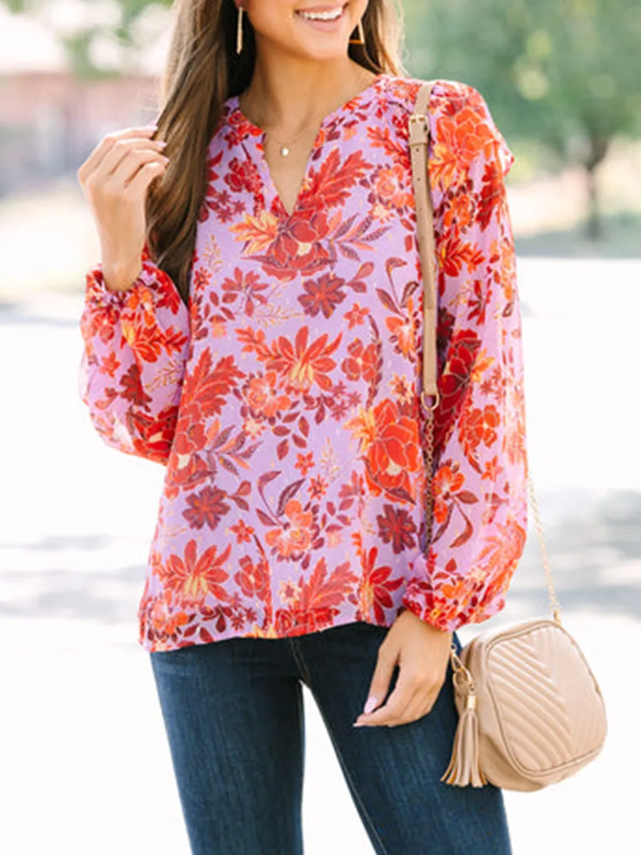 Women's long sleeve floral V-neck shirt