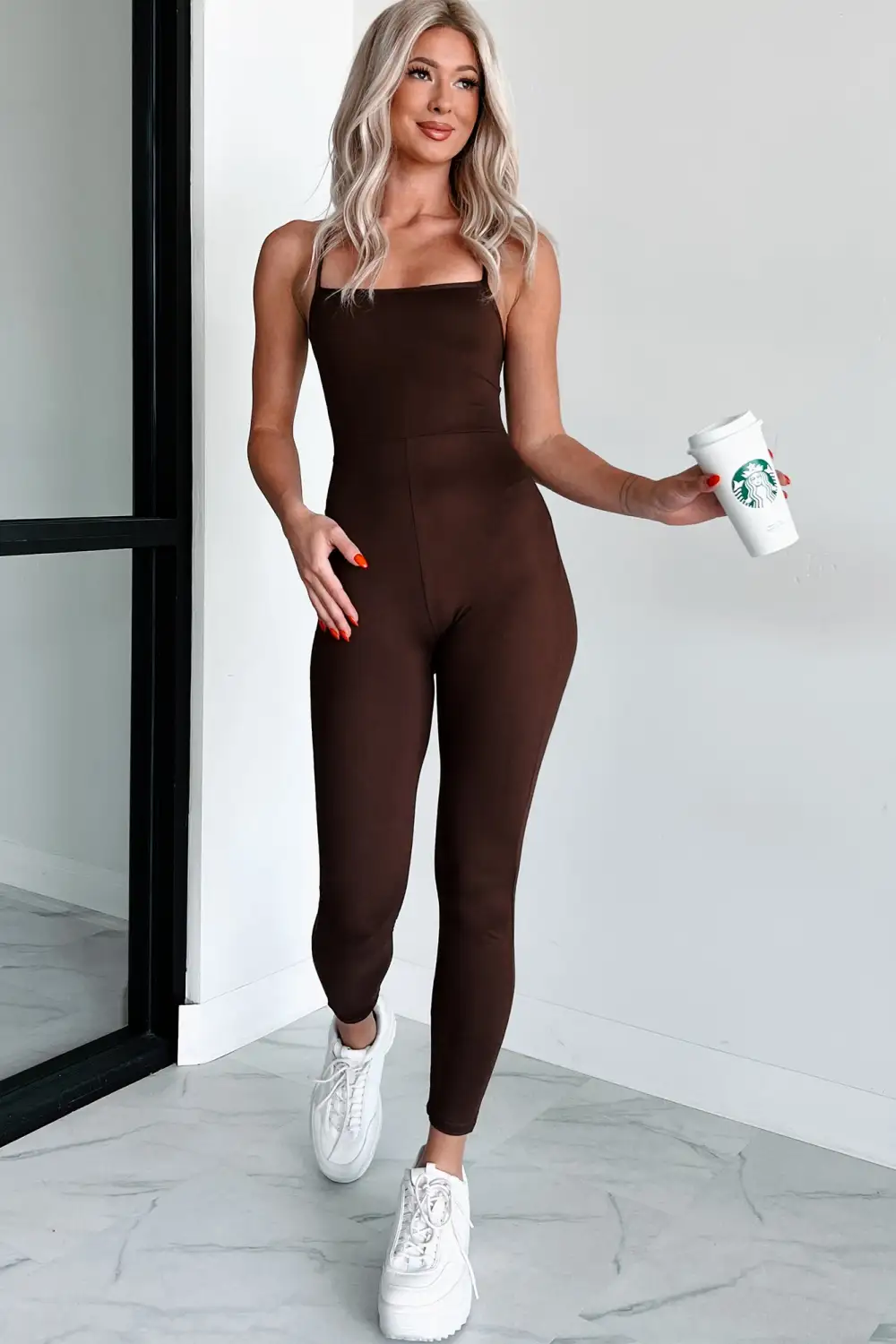 Time To Walk Away Lace-Up Back Jumpsuit (Coffee)