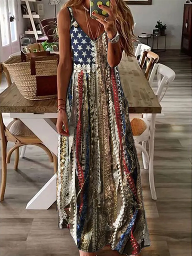 Boho American Flag Lace Fringe Art Maxi Dress