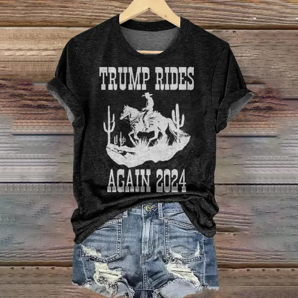 Women's Western Trump Ride Again Maga 2024 Print T-Shirt