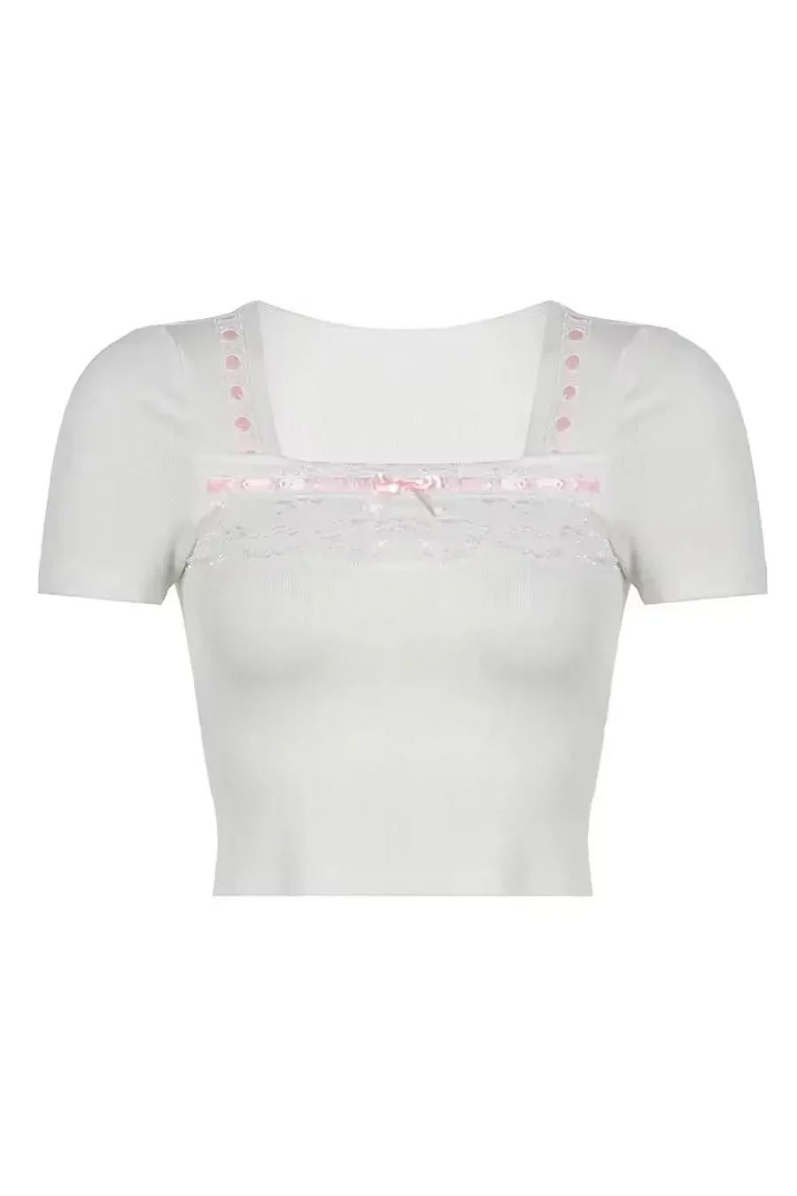 Y2K Coquette Stitch Bow Tie Short Sleeve Ribbed Crop Top