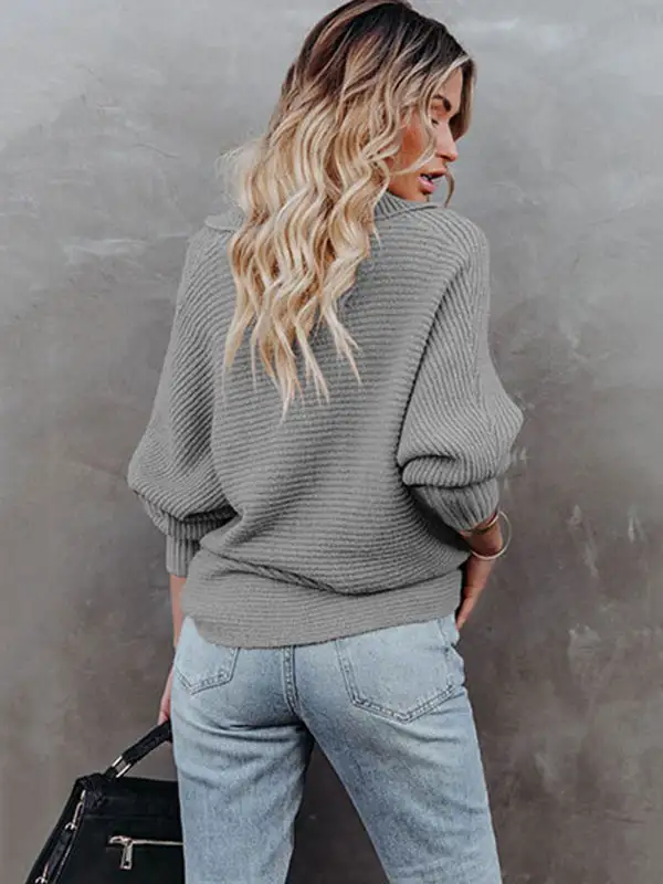 Long Sleeves Solid Color Lapel V-Neck Sweater Tops