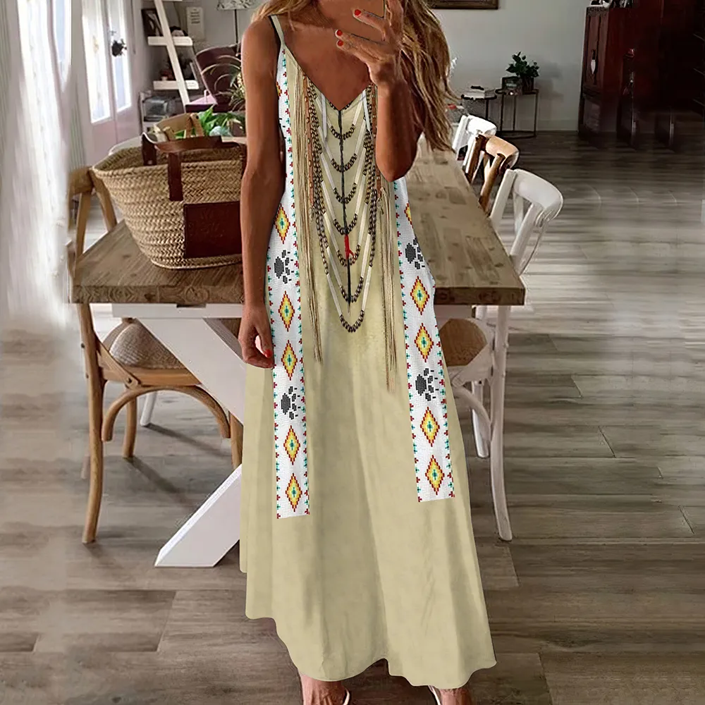 Western Tribal Geometric Print V Neck Maxi Dress