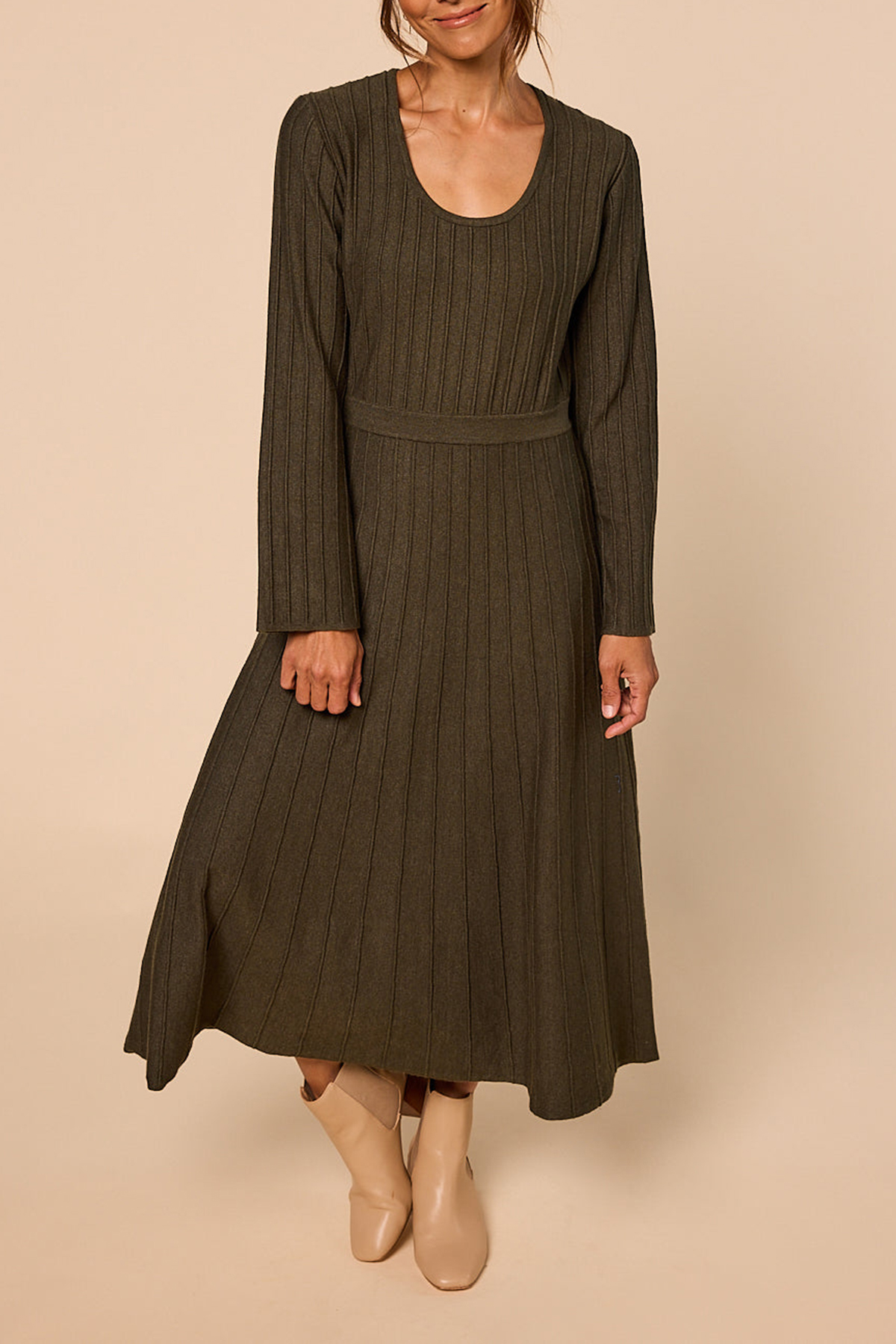 Waisted Knitted Dress in Khaki