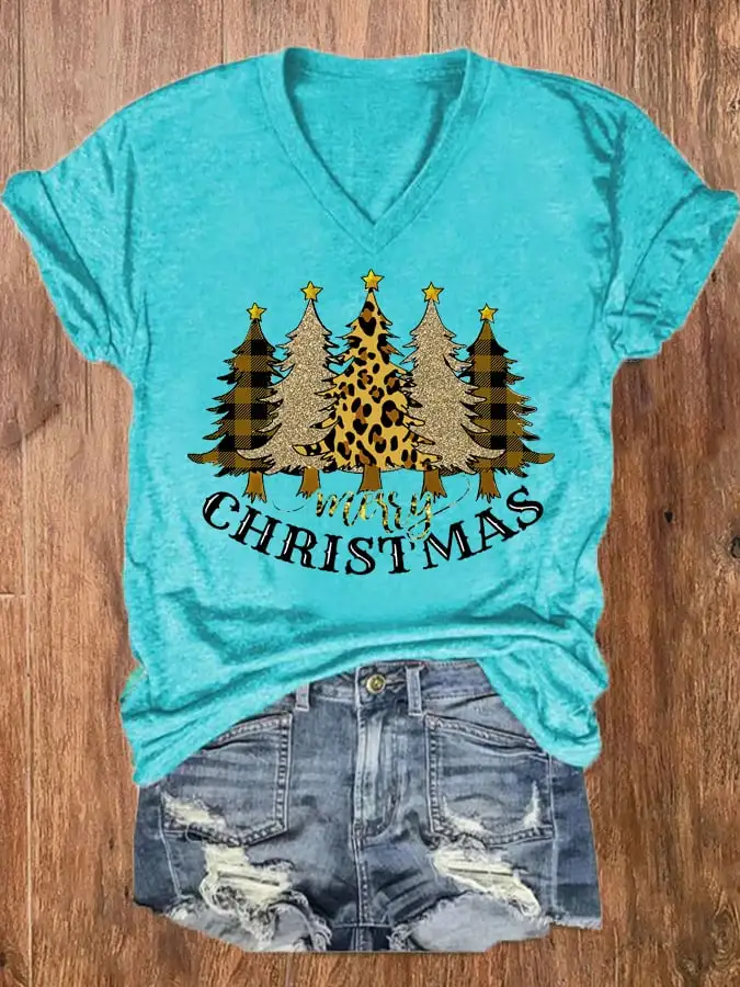 Women's Merry   Shiny Leopard   Tree V-Neck Tee