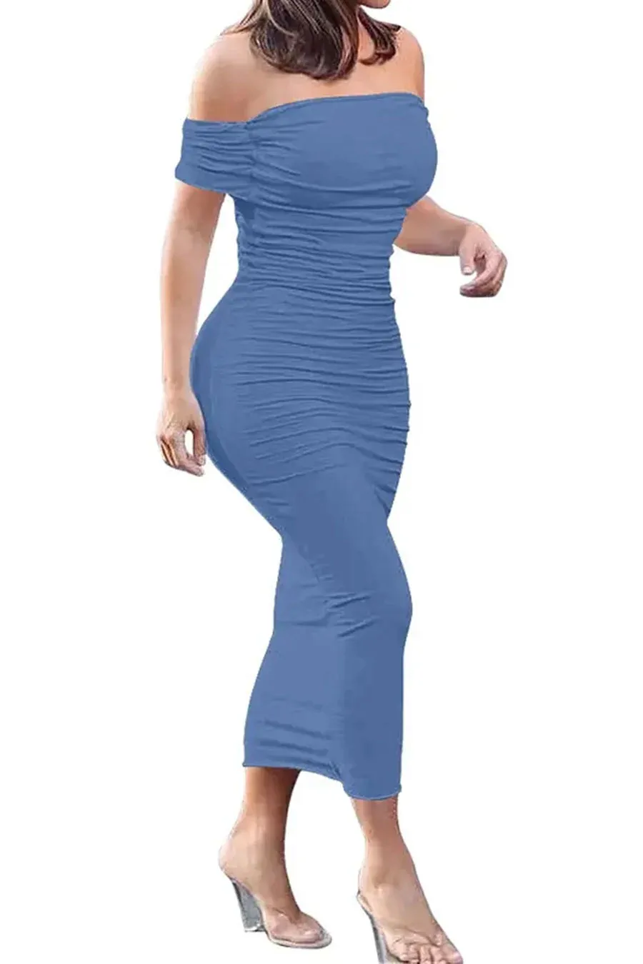 HyperBees Signature Double-Layered Off-The-Shouler Bodycon Ruched Midi Dress