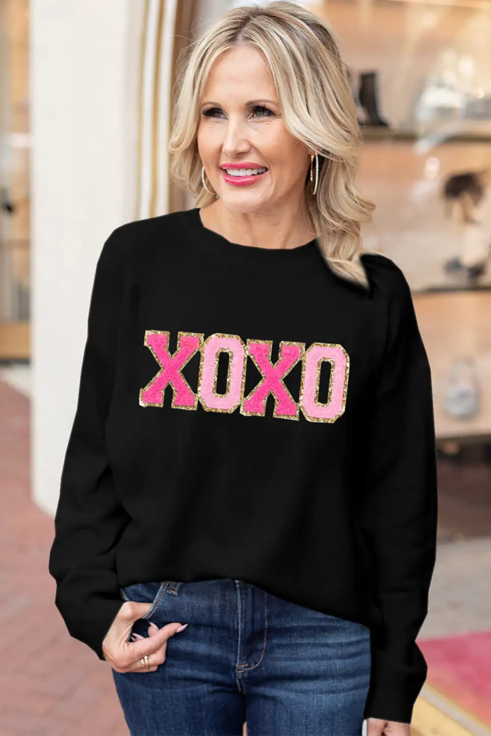 XOXO Glitter Print Round Neck Casual Sweater