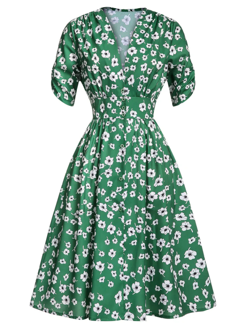 GREEN 1940S V-NECK FLORAL DRESS