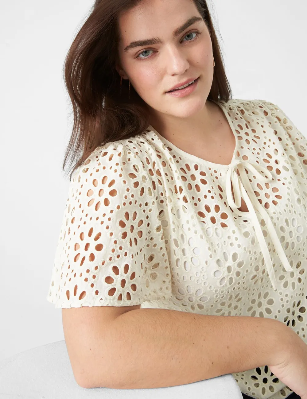 Notch-Neck Sheer Eyelet Top