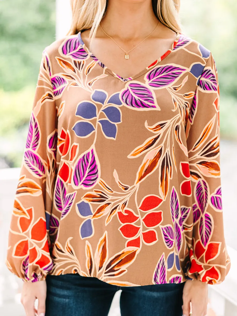 Camel Brown Floral Blouse