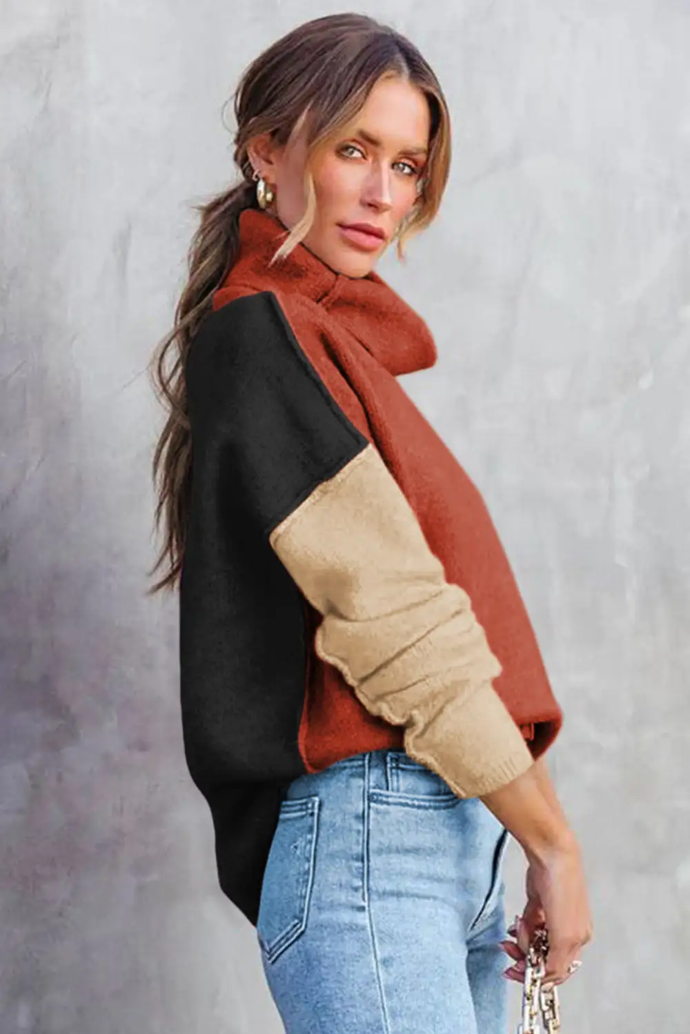 Color Block Turtle Neck Drop Shoulder Knit Sweater