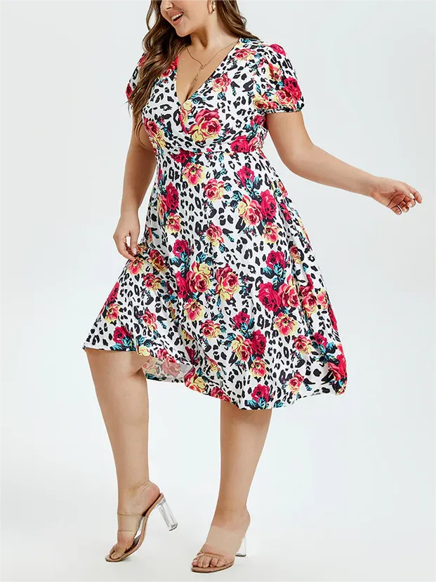 Floral & Leopard Print V-Neck Puff Sleeve Elastic Waist Midi Dress