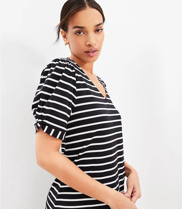 Striped Puff Sleeve V-Neck Swing Dress